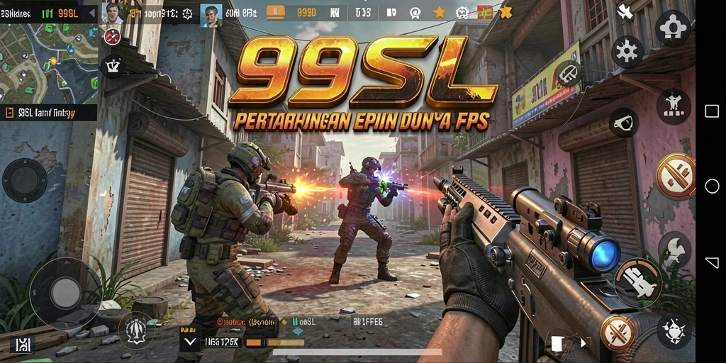 Screenshot menampilkan pertempuran intens dalam 99SL, dengan aksi FPS yang mendebarkan.