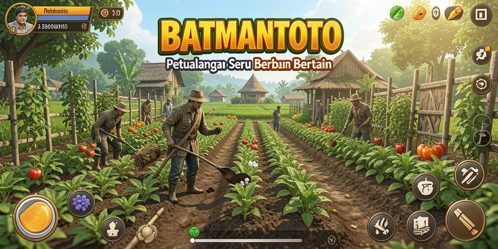 Screenshot gameplay BATMANTOTO menampilkan kebun yang indah dan aktivitas bertani.