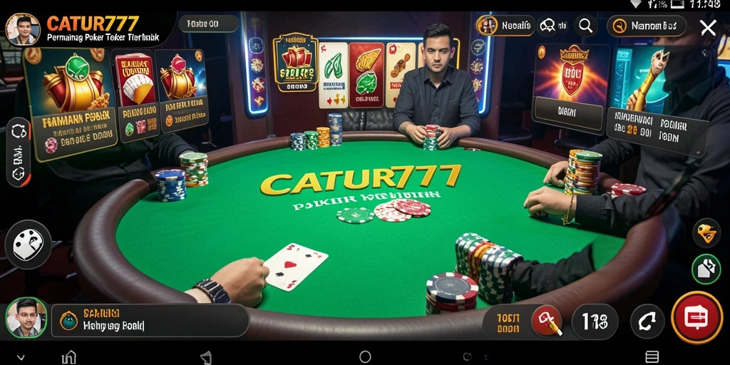 Screenshot gameplay <strong>CATUR777</strong> menampilkan suasana permainan Poker yang seru.