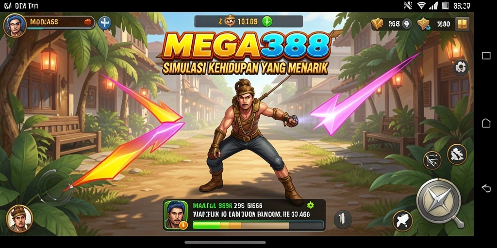 Screenshot utama MEGA388 menampilkan karakter dalam dunia virtual yang hidup.