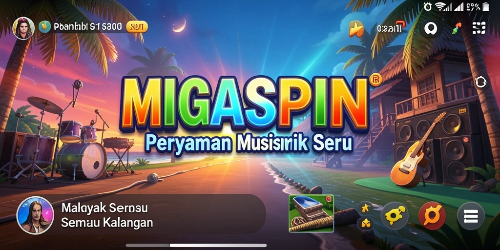 Tangkapan layar utama MIGASPIN menampilkan momen seru gameplay musik yang mengasyikkan.