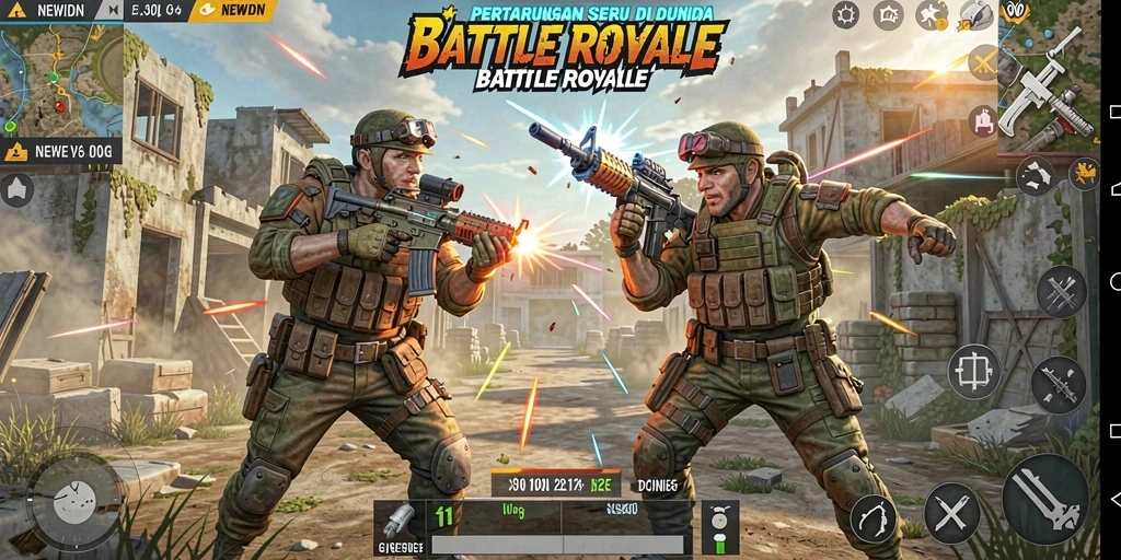 Tampilan menarik dari gameplay menegangkan di NEWIDN Battle Royale.