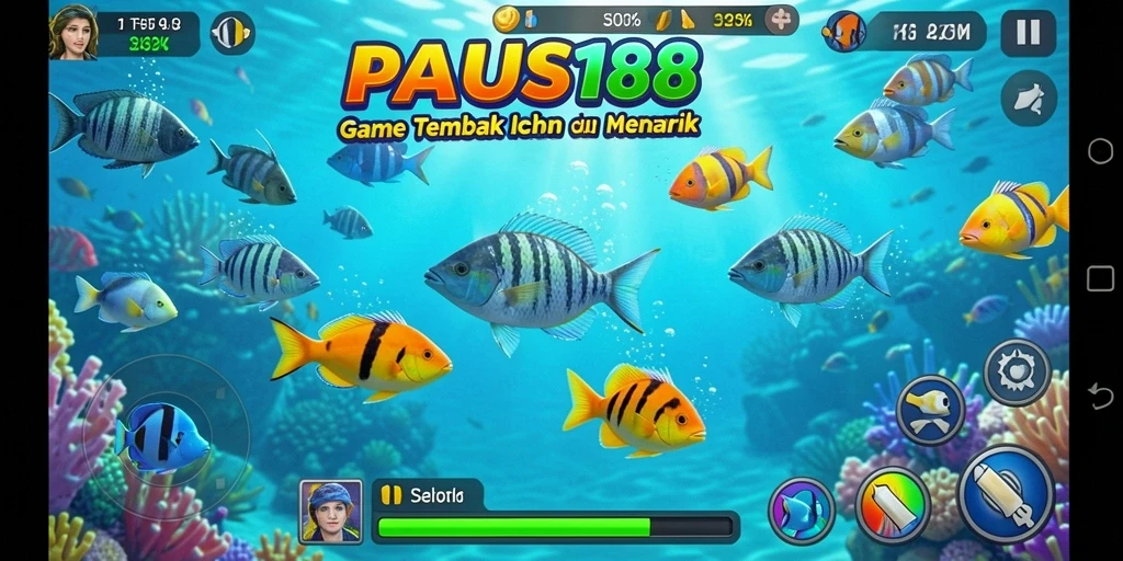 Tampilan utama gameplay PAUS188 dengan ikan berwarna-warni di lautan.