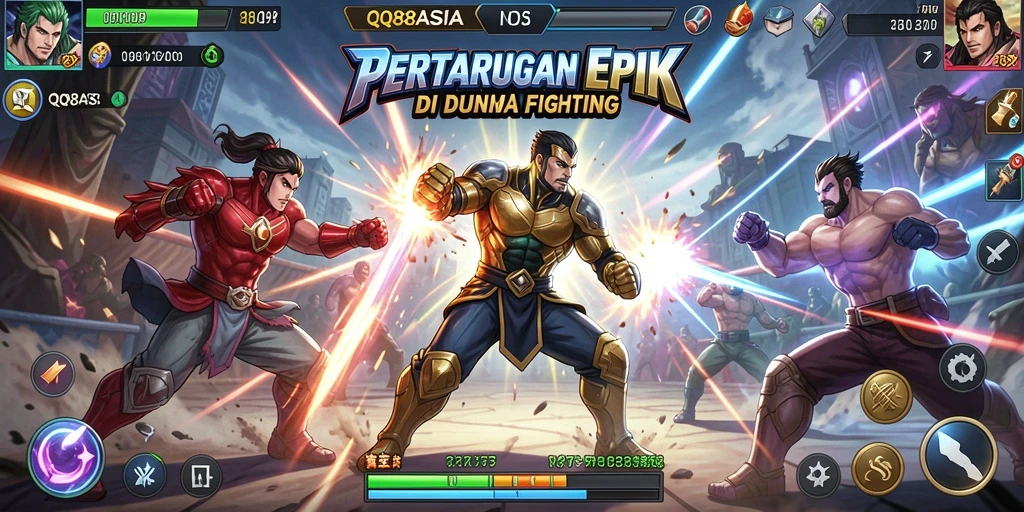 Tangkapan layar dari gameplay <strong>QQ88ASIA</strong> memperlihatkan pertarungan seru antar karakter.