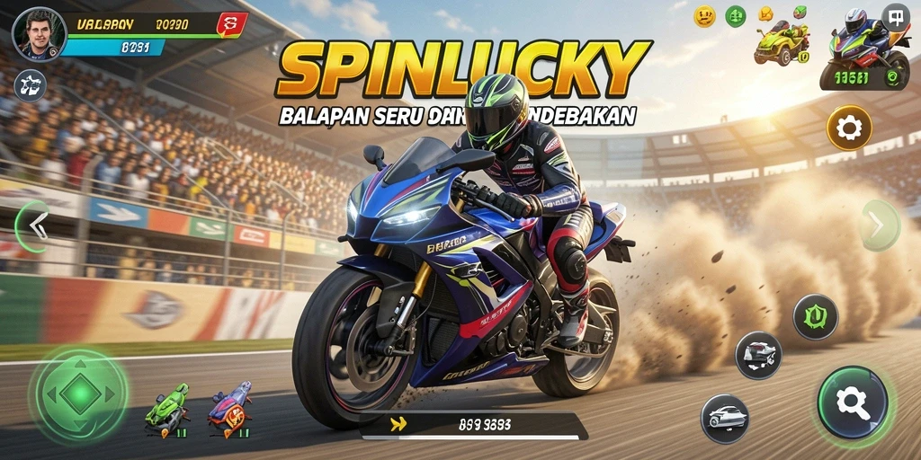 Gameplay menegangkan di lintasan balapan motor SPINLUCKY.