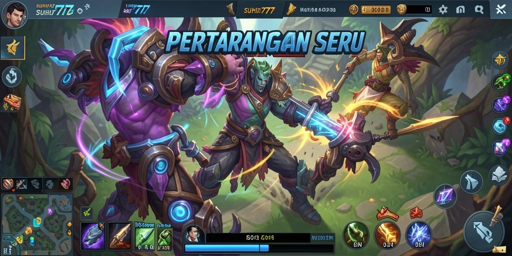 Screenshot utama SUHU777 menampilkan aksi pertempuran karakter MOBA.