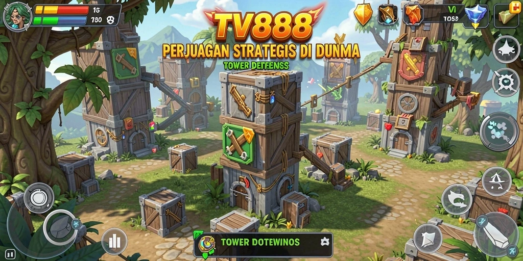 Screenshot TV888 menampilkan aksi seru game Tower Defense dengan menara dan musuh.