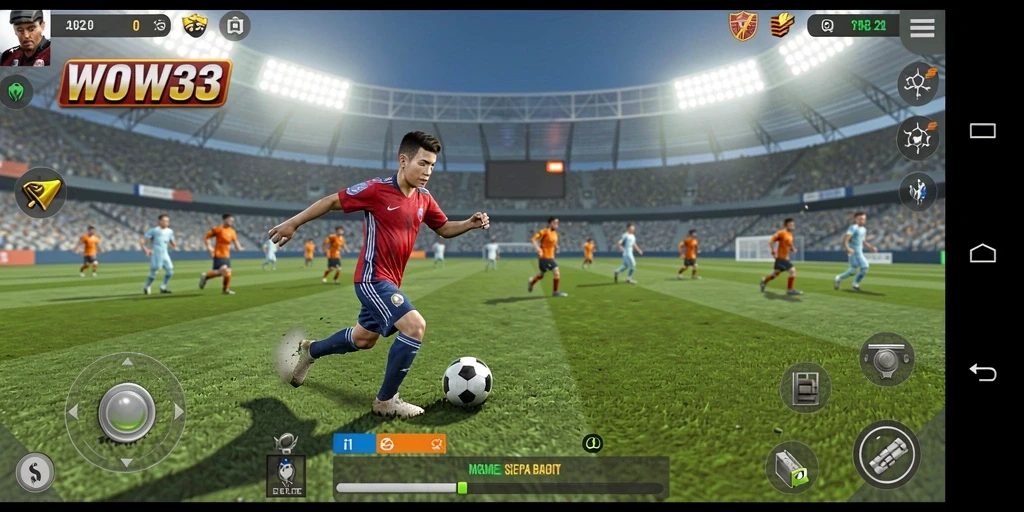Tampilan gameplay WOW33 dengan aksi sepak bola yang mendebarkan.